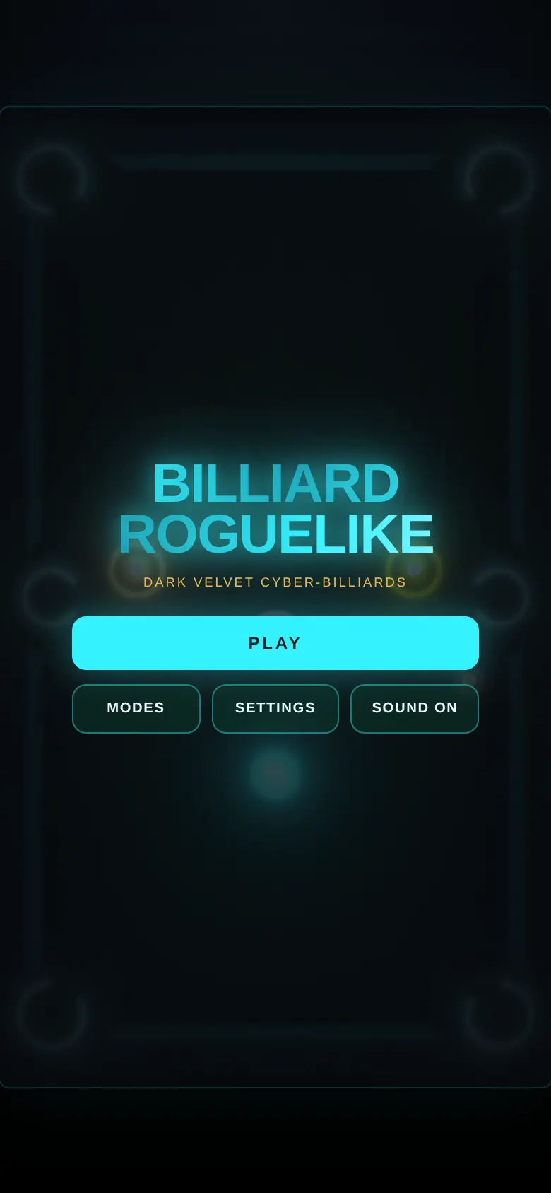 The Billiard Roguelike title screen in cyan neon on a dark velvet table.