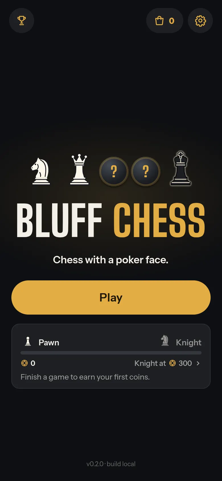The Bluff Chess title screen: a row of chess pieces with two of them replaced by question-mark tokens.