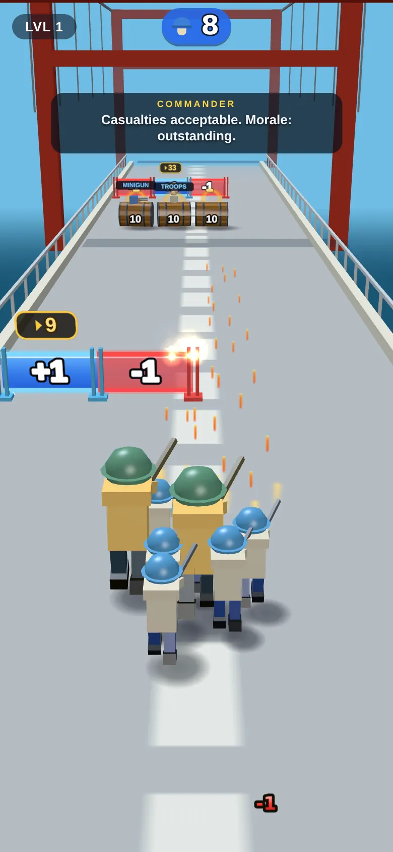 A squad of troops running up a red bridge towards a row of plus-one and minus-one gates.
