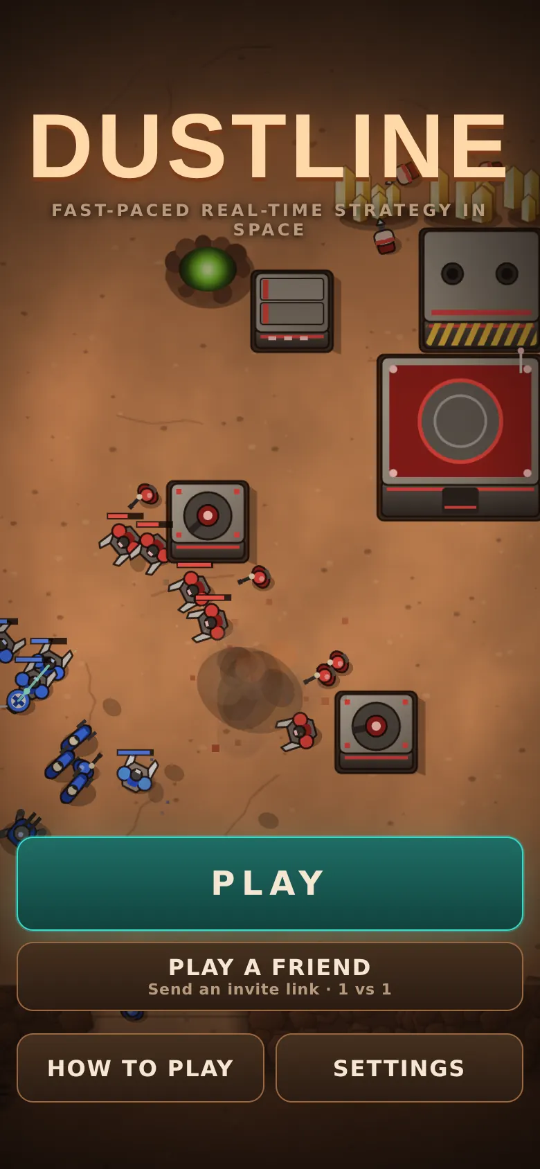Dustline gameplay behind the title: red and blue units and bunkers on orange dust.