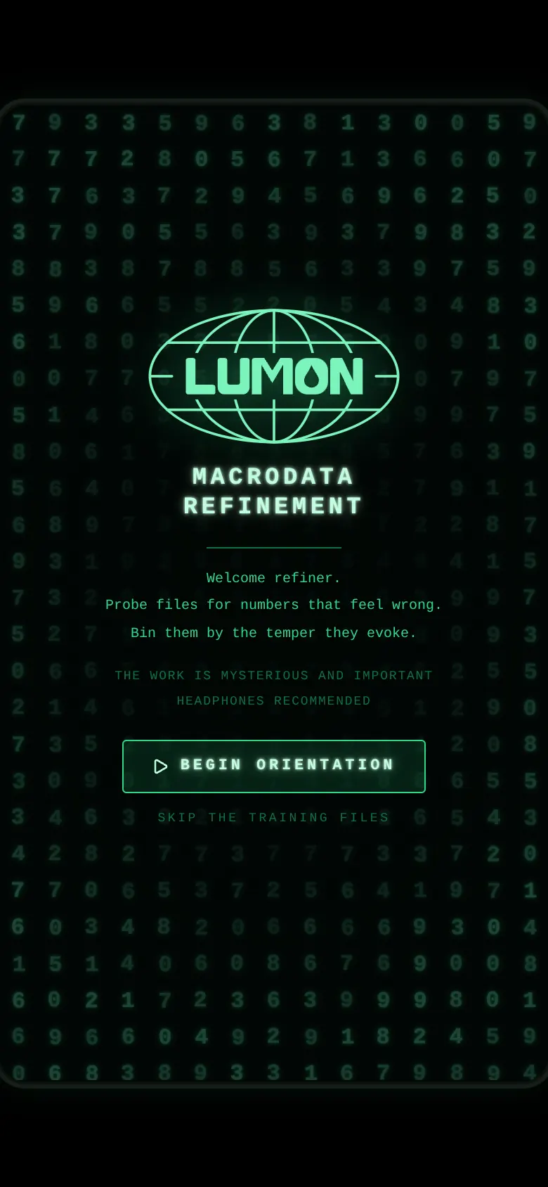 A green-on-black terminal filled with digits, with the Lumon globe logo and the words Macrodata Refinement.