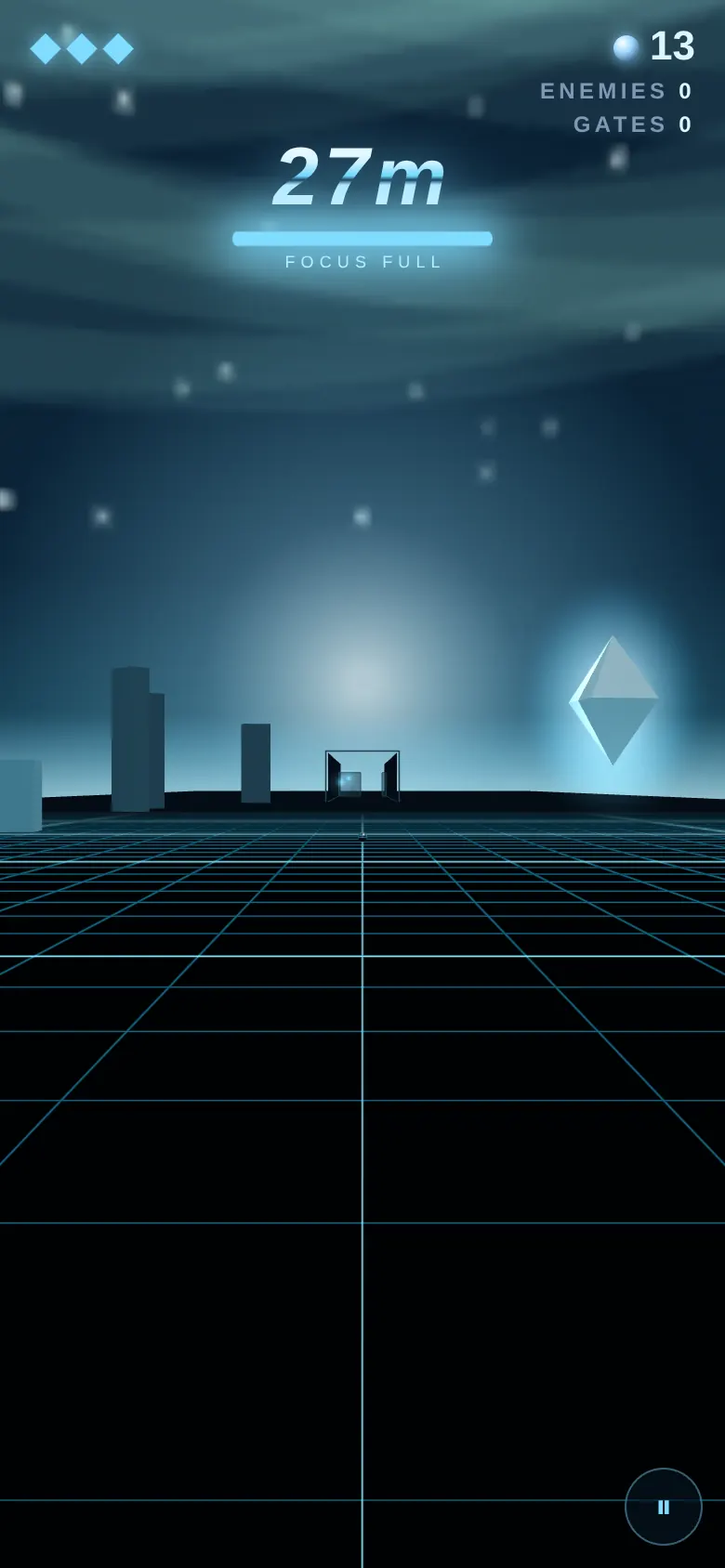 A neon wireframe grid running to a glowing horizon, with a distance counter and a crystal ahead.