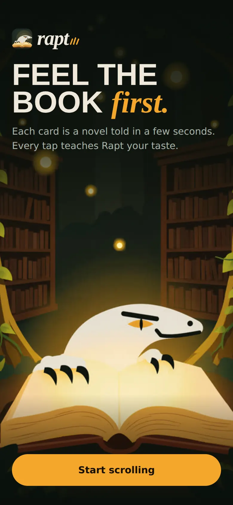 The Rapt title screen: a glowing open book with a white creature resting on it, in a dark library.