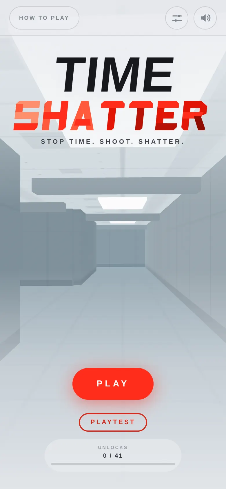 The Time Shatter title screen: a white corridor seen in first person, with the game name set across it.